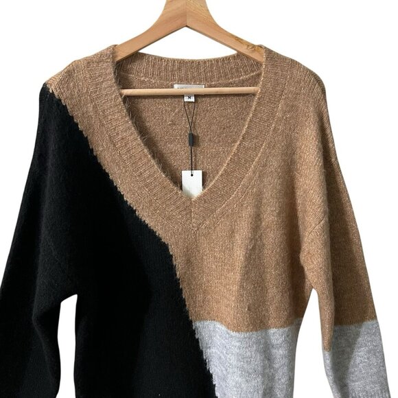 Vigoss Sweater Size Medium Colorblock V Neck Knit Cozy Pullover Long Sleeve Tan - Picture 4 of 10
